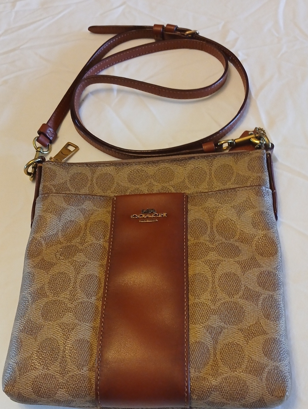 Coach Kitty Messanger Tan and Brown Signature Canvas Crossbody Bag
